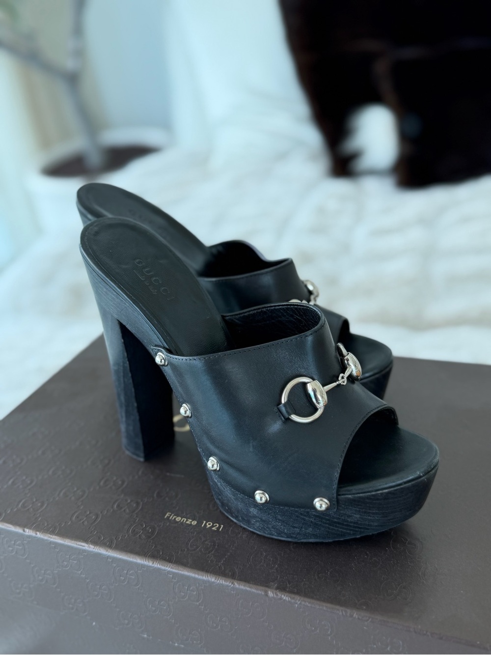 Gucci Black Leather Platform Mule Heels with Silver Horsebit